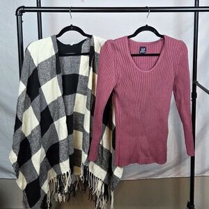 Pinkblush Pink Ribbed Sweater and Black & White Checkered Poncho